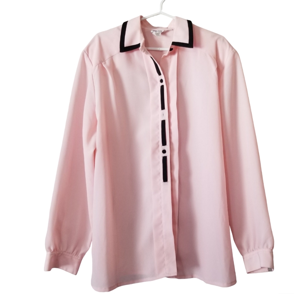 Vintage TanJay Elegant Polyester Pink Blouse with Black Accents In A Size 16